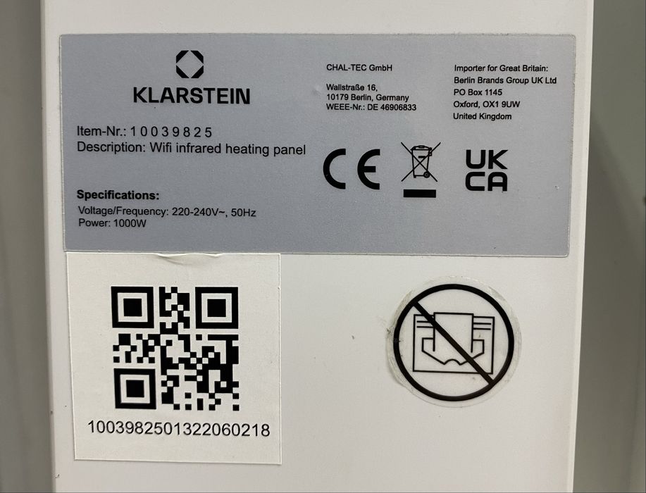 Обігрівач інфрачервоний Klarstein Mojave 2в1 Smart 1000 Вт 10039825