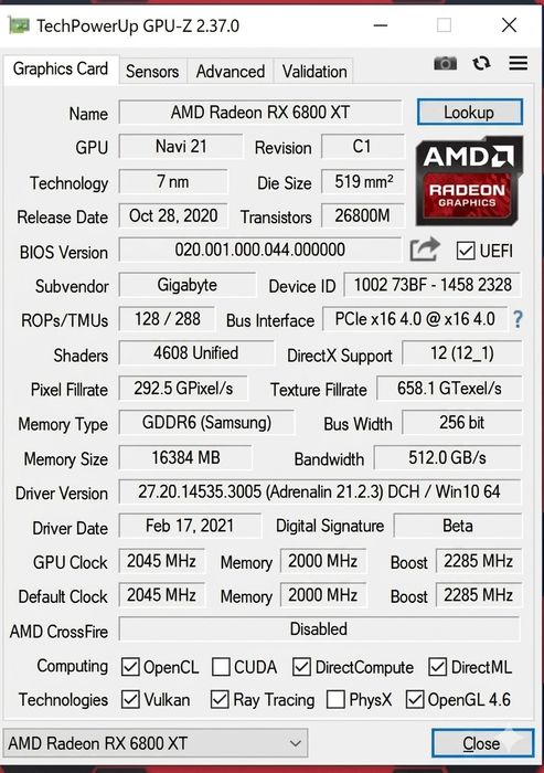 Gigabyte rx 6800 xt 16 gb