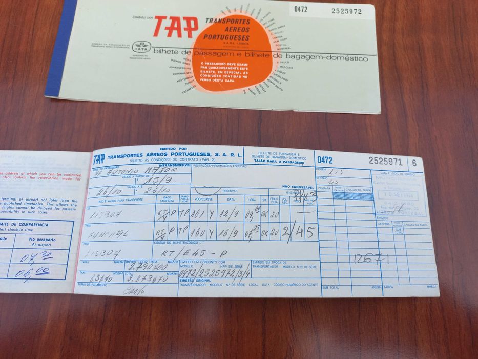 bilhetes TAP 1974