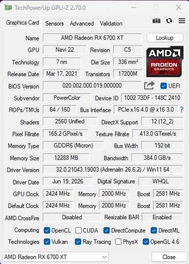 Karta Graficzna AMD Radeon RX 6700xt