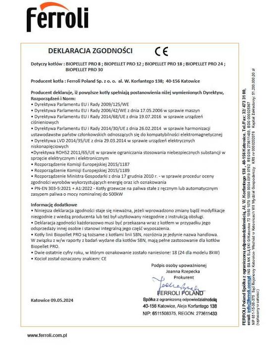 Kocioł Ferroli biopellet PRO 8 KW automat NA PELLET