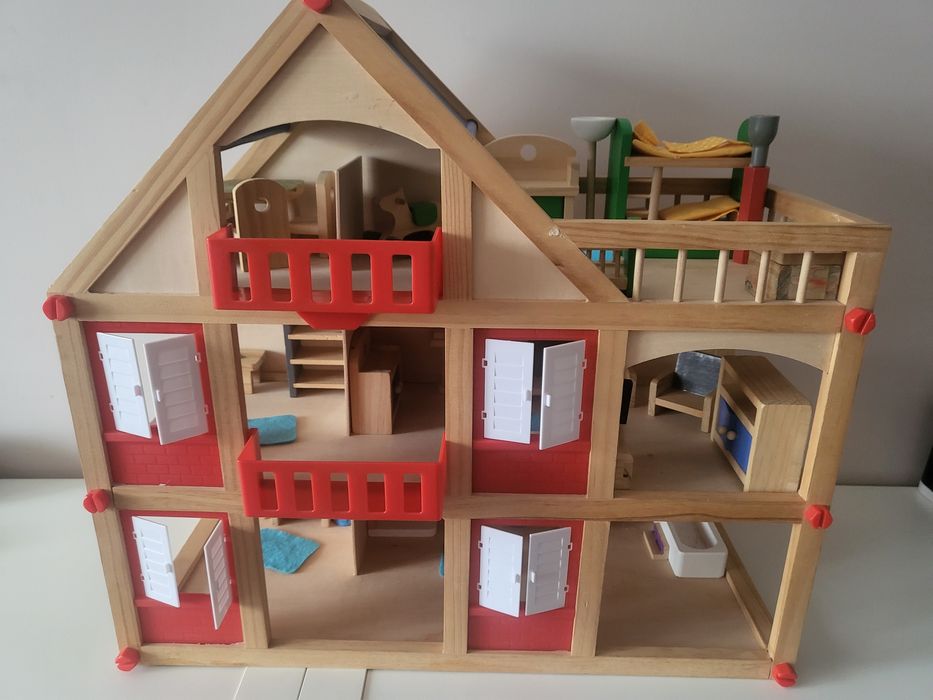 Drewniany domek duży zestaw mebelki dla lalek