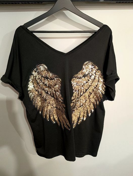 Bluzka L/XL czarna skrzydła złote