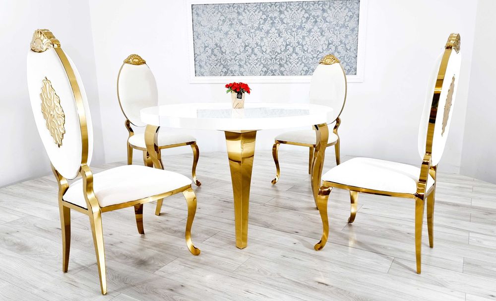 Jadalnia stół okrągły 130/160 rozkładany + 4 krzesła Gold złote