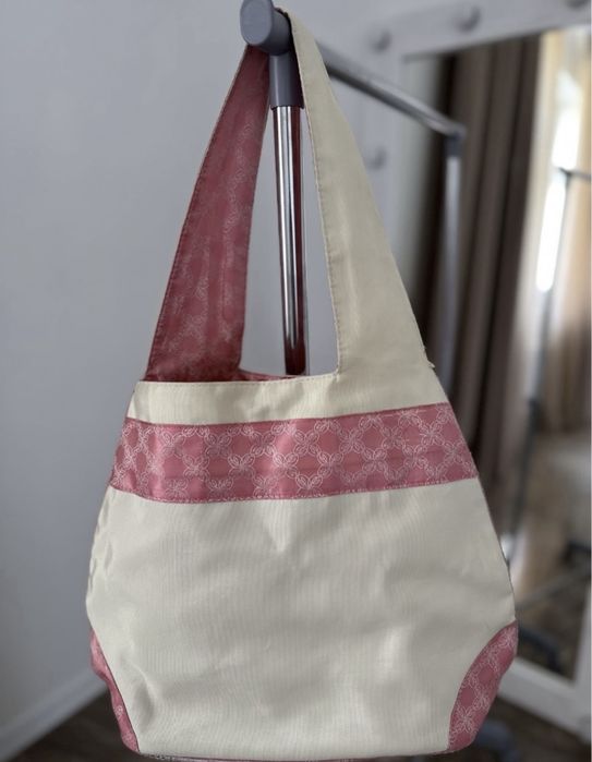 Сумка тканинна молочна рожева через плече