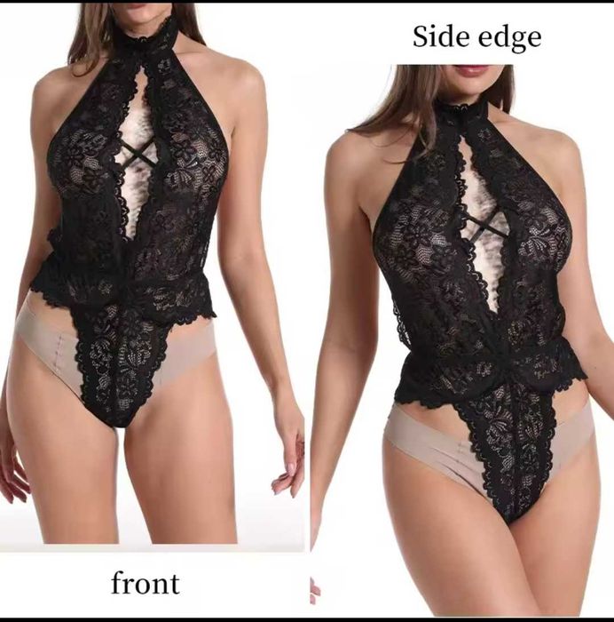 Seksowny kombinezon z wycięciem na plecach koronkowy czarny rozmiar L