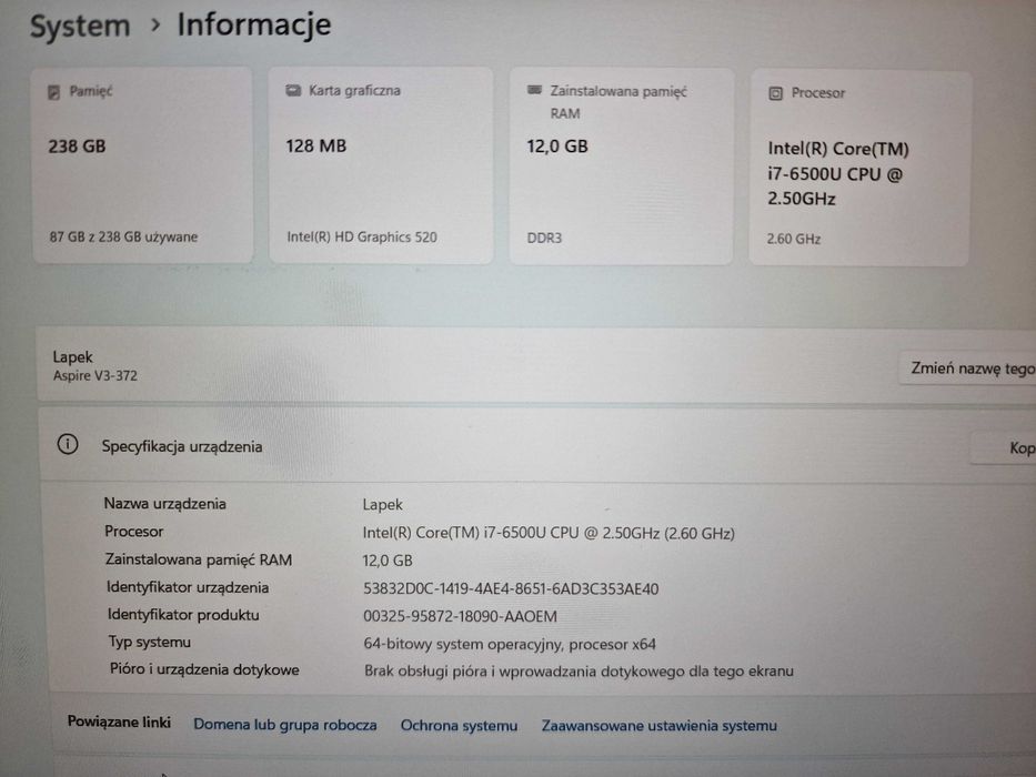 Laptop ACER Apire V13 V3-372 i7/12GB/240 13.3"