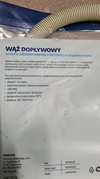 Nowy wąż dopływowy - Vogel, 2,5 metra