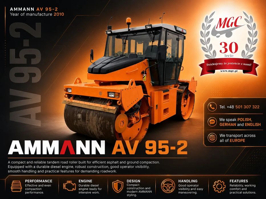 Ammann AV95-2 / WALEC DROGOWY / TANDEM / 4408MTH / BEZWYPADKOWY / IDEALNY / MOŻLIWOŚĆ TRANSPORTU / BOMAG / HAMM / DYNAPAC  Najtańszy w PL!, Serwis, Wibracje na obu bębnach, NISKIE MTH,z dostawą