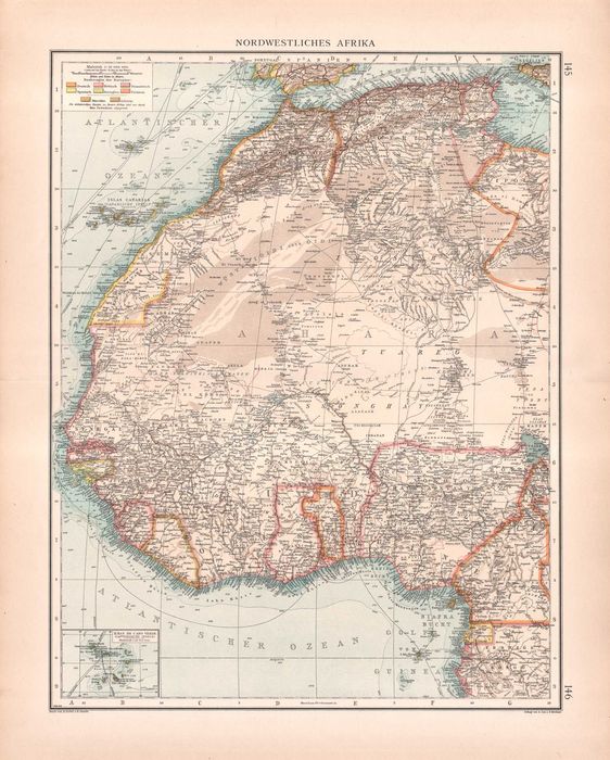 Afryka kolonialna Sahara. Duża efektowna mapa 1896r. autentyk