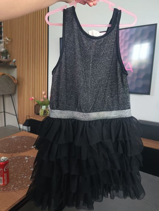 Sukienka czarno-srebrna błyszcząca z tiulem h&m rozm 146 sylwester