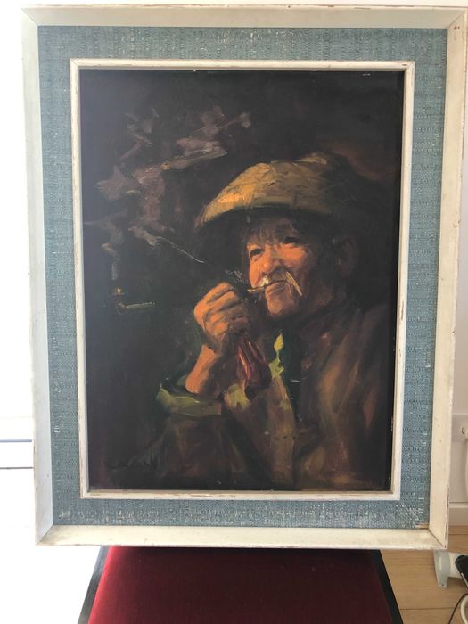 Pintura a Óleo Original Assinada CHAN – Idoso Chinês com Cachimbo (Wahso Chan)