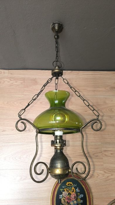 Candeeiro Suspenso Vintage Estilo Petróleo Anos 70, Abajur Vidro Verde
