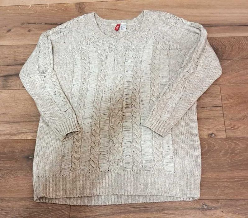 Sweter H&M z wełną M oversize beż ecru warkocze