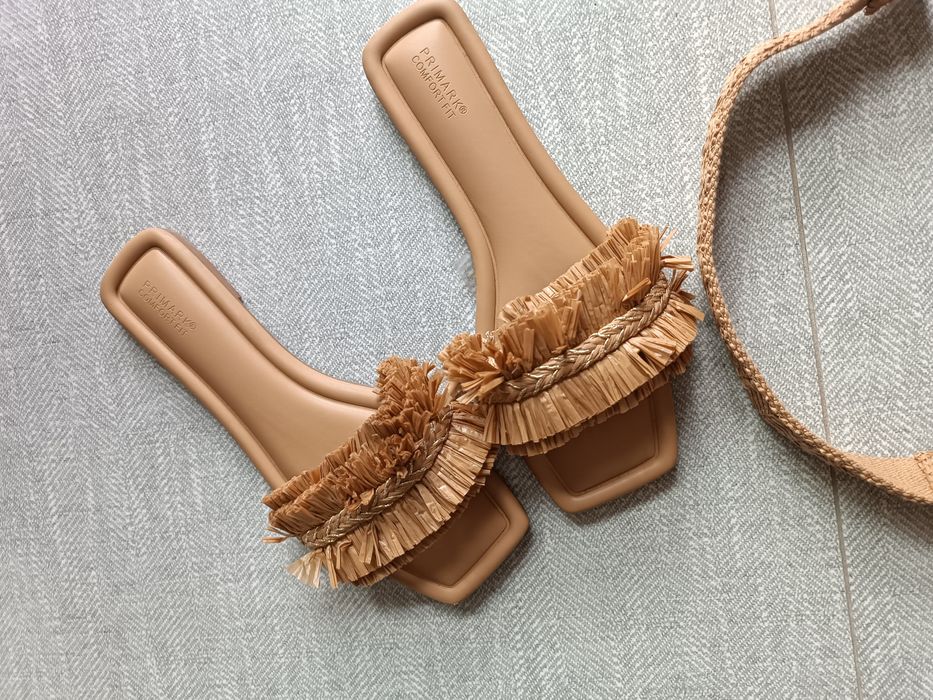 Zestaw klapki 39 torebka Primark Boho plecione natural