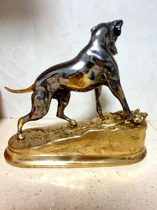 Antiga escultura em bronze - cão com coelho- Jules Moigniez
