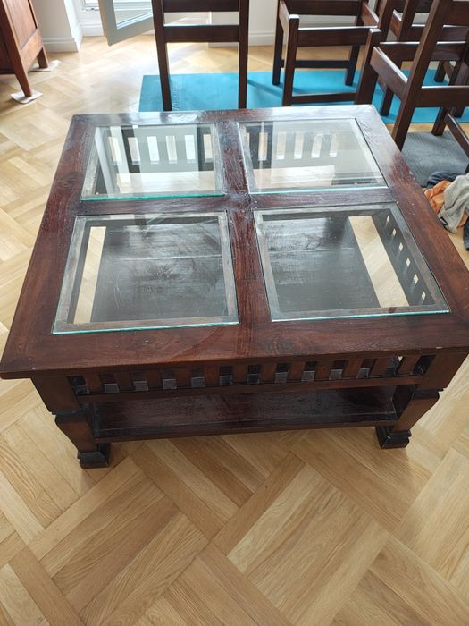 Stolik  drewniany szklany kawowy mebel kolonialny brązowy stoliczek