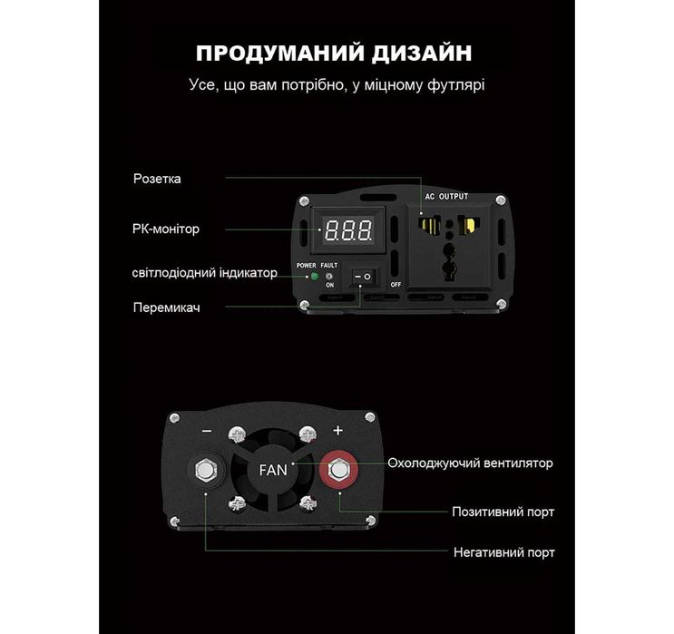 Інвертор, чиста синусоїда, DC 12В/24В, 1000 Вт номінал, 2000 Вт макс.