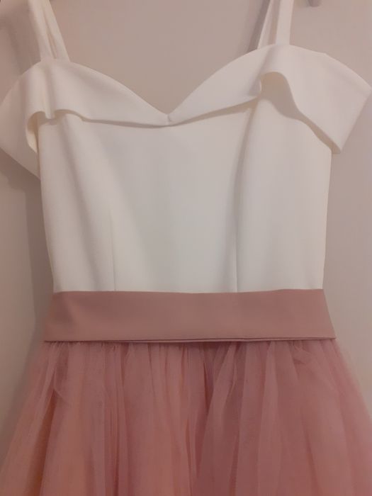 Sukienka studniówka szyfon S 36 Lacoria elegancka wesele biała brudny