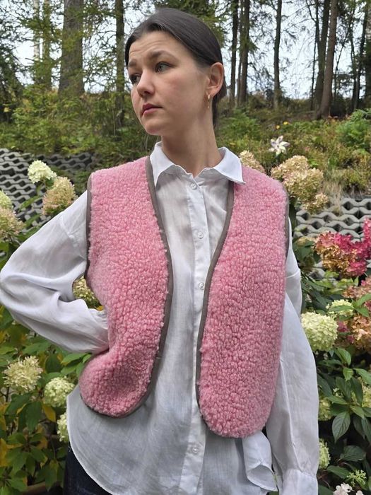 Wełniana Kamizelka różowa100% Merino Krótka Narzutka L zamsz