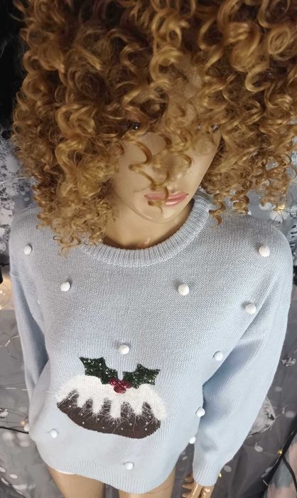 Sweter damski unisex świąteczny niebieski, błękitny, New Look S