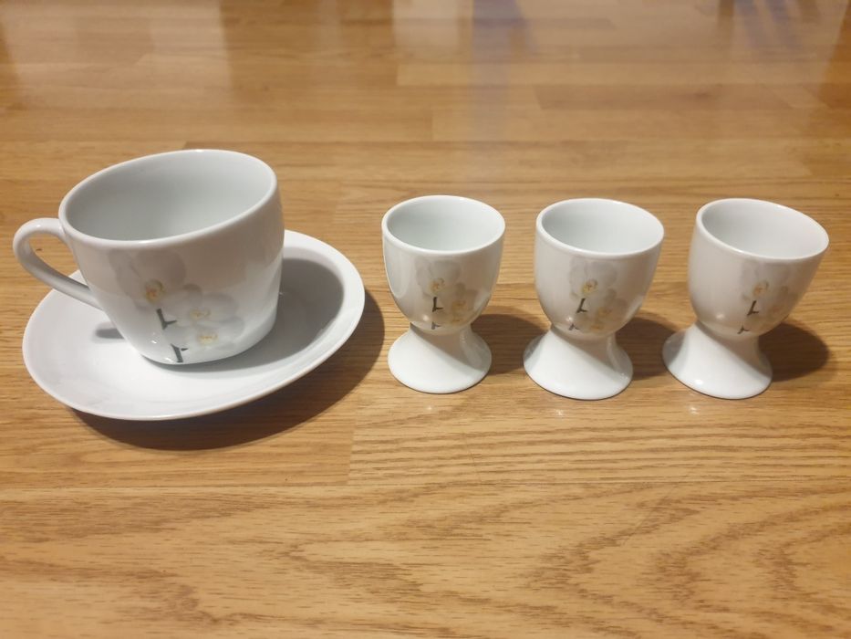 Zestaw śniadaniowy 5 elem. storczyk biały kieliszek na jajka filiżanka