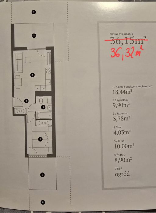 Apartament 36,32m², 2 ogródki, 2 tarasy, miejsce parkingowe zewnętrzn