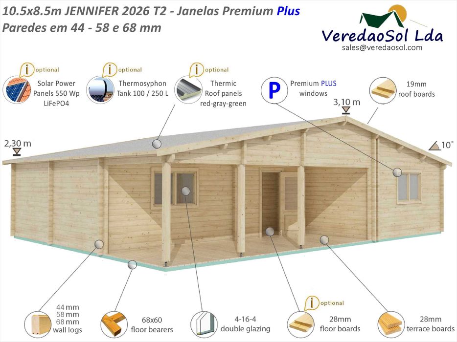 Casa madeira KIT JENNIFER NOVO 2026 T2 Coberta 98.2m²  Pré fabricada