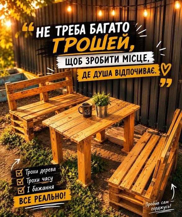 Лавка, стіл, меблі з піддонів, садові меблі.