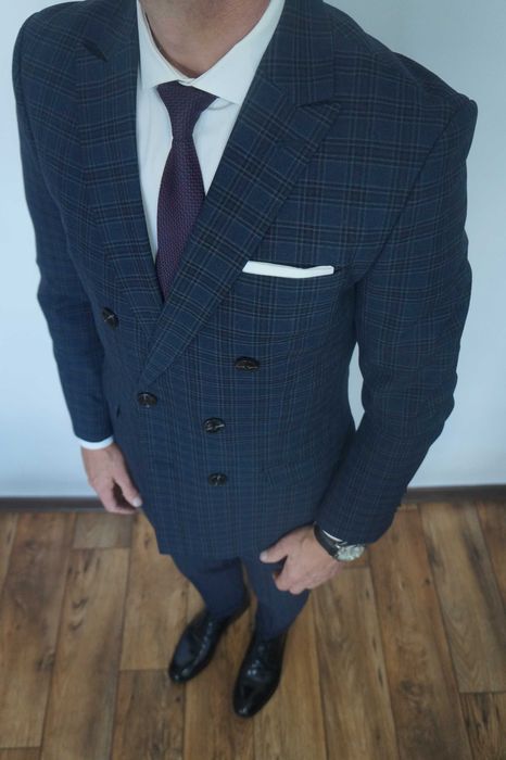 Jack&Jones Dwurzędowy Garnitur krata Rozmiar 46 Granatowy Elegancki Premium