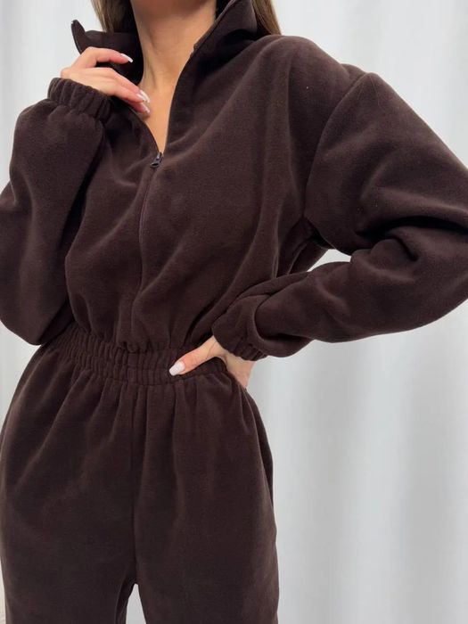 Трендовий флісовий комбінезон шоколадний костюм на блискавці палаццо