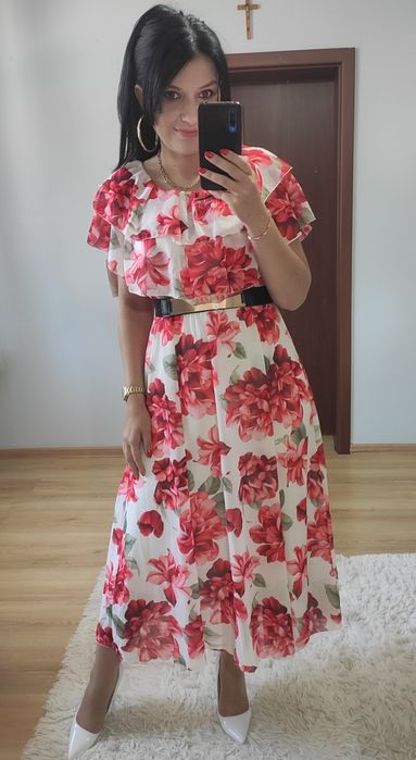 Sukienka MIDI w kwiaty Hiszpanka wesele komunia chrzciny