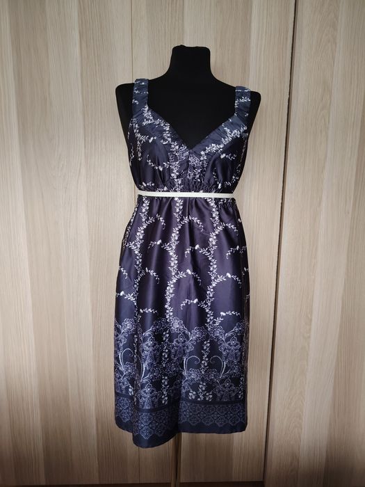 Fioletowa sukienka midi białe wzory oversize vintage y2k M/L/XL