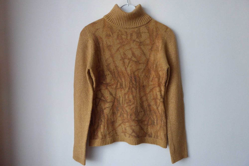 Sweter z golfem ciepły elegancki ładny miodowy złota nitka wzór r. 40