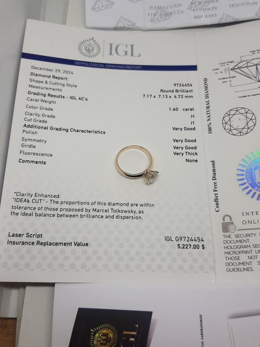1.60 ct H / I1 натуральный бриллиант сертификат,  золотое кольцо.