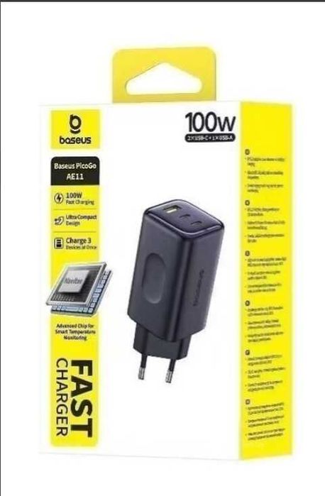 Мережевий зарядний пристрій Baseus PicoGo AE11 Fast Charger 2Type-C+USB 100W E0121400 Black. Зарядное 100W для ноутбука, смартфона и другой техники