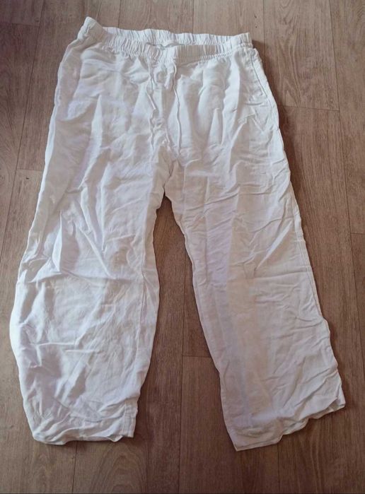 Lniane szerokie spodnie palazzo białe pas szer.48 do 58cmx2 100% len