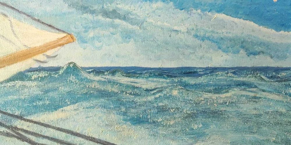 Marinheiro solitário em barco - Pintura a óleo sobre tela - Quadro