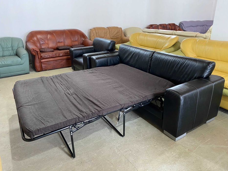 Шкіряний розкладний диван+крісло з натуральноі шкіри
