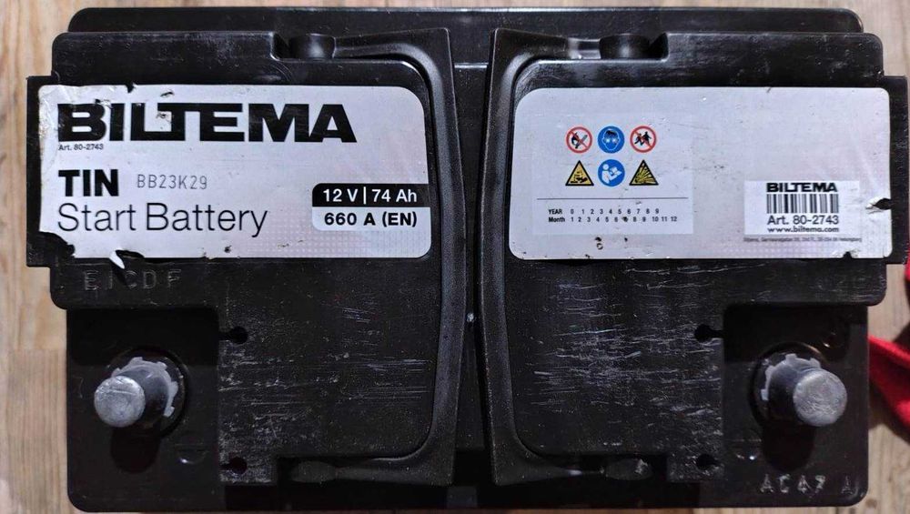 Akumulator samochodowy Biltema, 74Ah 660A, 100% sprawności