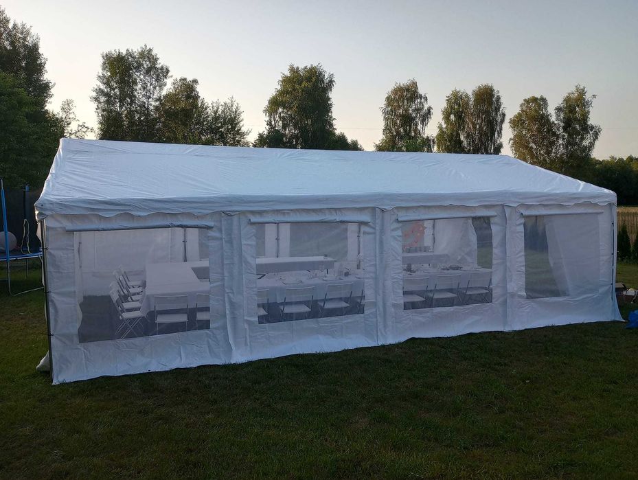 Namiot imprezowy 5x8 stoły krzesła zastawa