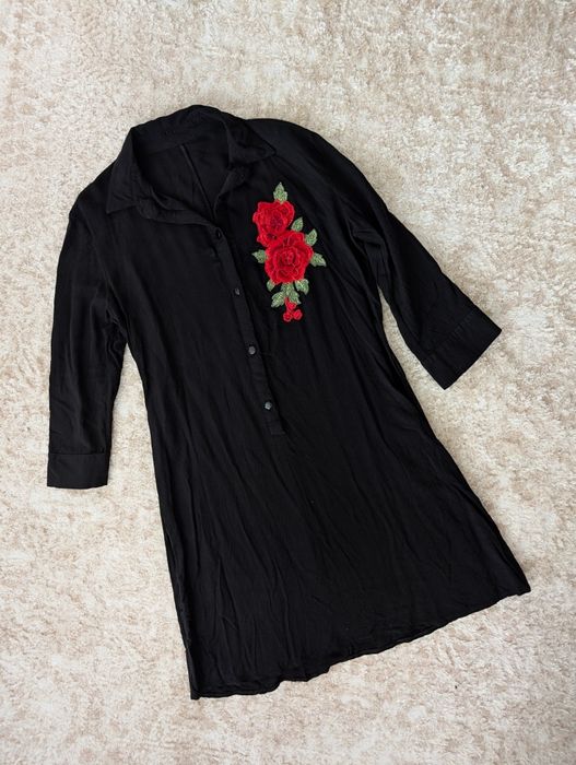 Czarna koszula ma krótka sukienka haftowane kwiaty róże s36