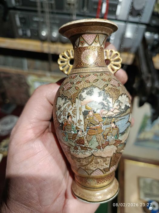 Jarras Vasos Satsuma Imperial Séc XIX 11,5 cm Assinados Hattori