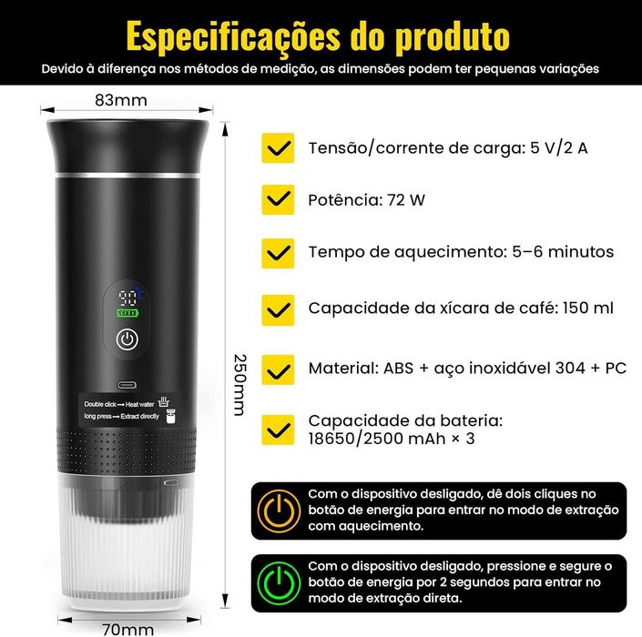 Máquina De Café Portátil 3 Em 1, com Visor Digital compatível com Cápsulas E Pó NOVA