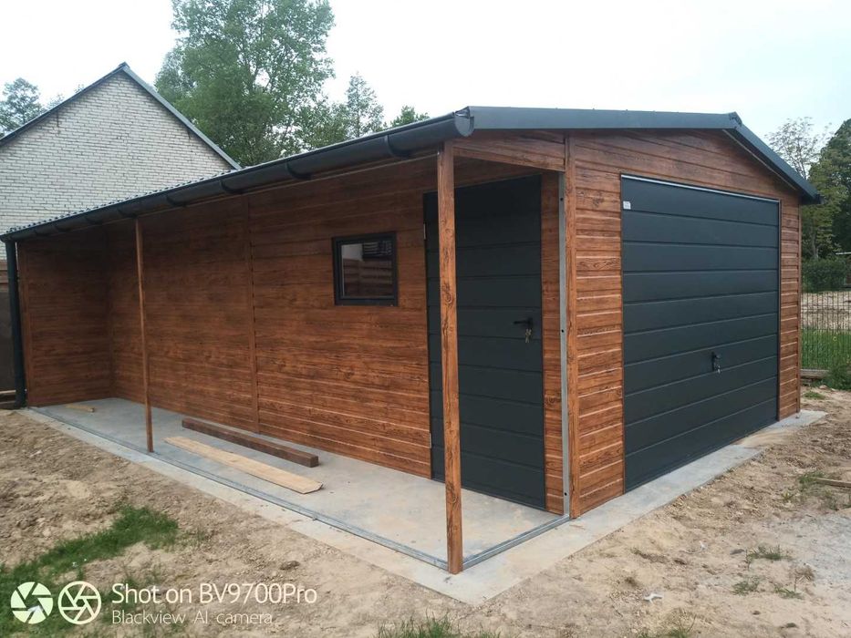 drewnopodobny garaż z zadaszeniem 4x7 5x7 okno drzwi profil