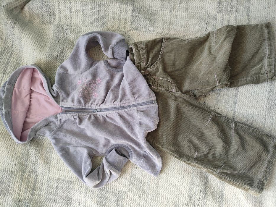 Sztruksy dziewczęce khaki, bluza niemowlęce 74 80 pastele