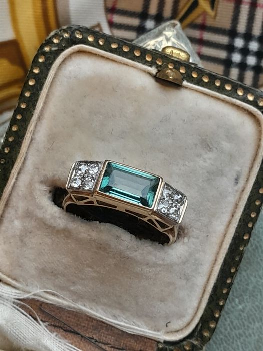 R.15 Antyk Pierścionek Art Deco Spinel Diamenty Złoto 585  WYCENA