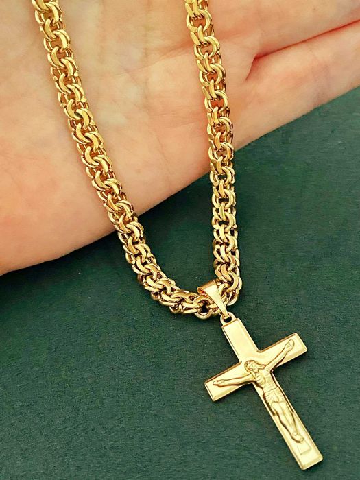 Позолоченная Цепочка "Плетение Бисмарк" + Крестик, Цепь. Позолота