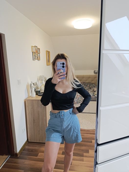 Szorty wysoki stan z paskiem jeansowe m L bawełna paperbag