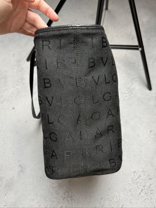 BVLGARI Handbag Tote Logomania Canvas Leather Black Women's